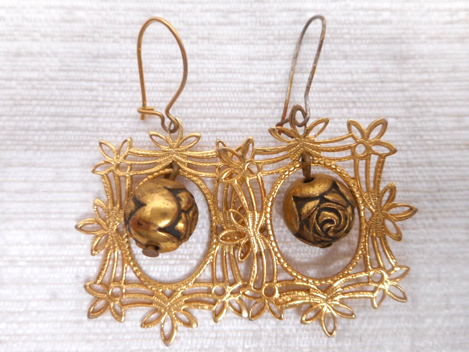 Gold Filigree Framed Rose Metal Bead Dangle Drop Earrings Women Fashion Jewelry - $8.88