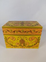 Vtg Recipe Box AVON Yellow Orange Green Retro Mod Kitchen Metal MCM Tole Design - £15.63 GBP