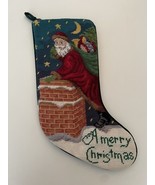 Vintage Christmas Stocking Needlepoint A Merry Christmas Santa Chimney 16&quot; - $23.53