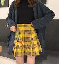 YELLOW Pleated Plaid Skirt Plus Size Women Gilr Knee Length Plaid Skirt Outfit image 1