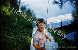 1960 Cute Girl Fishing Pole Plum Lake Wisconsin Glass Covered Kodachrome Slide - £2.73 GBP