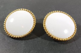 Trifari White Button Pierced Earrings Signed Gold Tone Rope Acrylic 1 1/2&quot; - $11.96