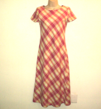 Talbots Petites Dress Maxi Plaid Linen Blend Short Sleeves Pink, Cream Vintage - £43.35 GBP