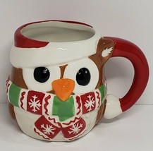 3-D Winter Christmas Brown Owl with Red White &amp; Green Scarf Coffee Tea M... - $10.80