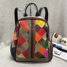 Vintage Leather Women Bag Color Plaid Stitching Backpack Women&#39;s Bag First Layer - £59.87 GBP