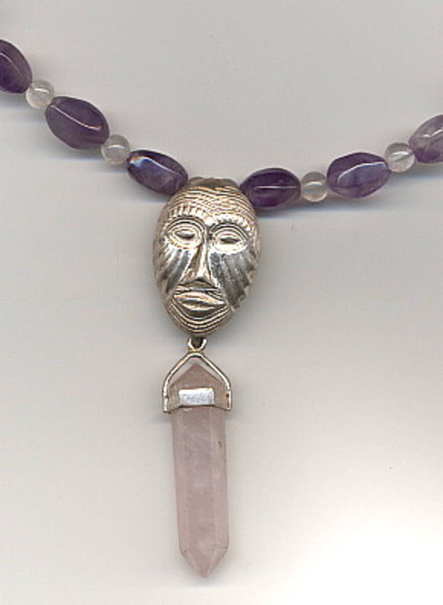 Rose Quartz Point set in Sterling Silver African Mask &amp; Amethyst Beads N... - $30.00