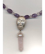Rose Quartz Point set in Sterling Silver African Mask &amp; Amethyst Beads N... - $41.03 CAD