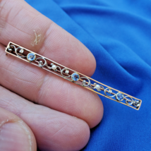 Earth mined Sapphire Pearl Deco Brooch 14k Antique Geometric Design Bar Pin - $1,286.01