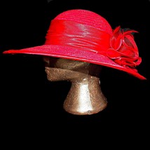 Red Straw Feather Bow Capeline Sun Wide Brim Kentucky Derby Chuch Lady Hat sz 7 - £39.37 GBP