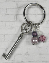 Skeleton Key Heart Glass Clay Beaded Handmade Keychain Split Key Ring Pu... - $14.84
