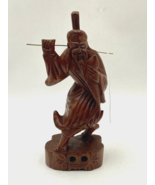 Vintage Hand Carved Wooden Statue Asian Man Fishing Figurine 13&quot;H - $49.33 CAD