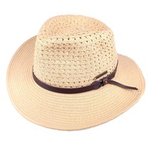 Mens Oat Safari Hat Vented Woven Paper Straw Outback Size M Unisex Faux Leather - £23.72 GBP