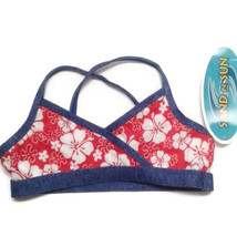 Girls bathing suit swimsuit top only 3T Hibiscus flowers blue red - £6.73 GBP