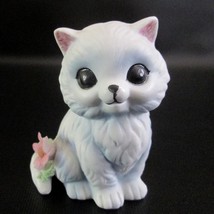 Vintage Big Eye Cat Ceramic Figure White With Flower Figurine Made In Taiwan - £15.77 GBP