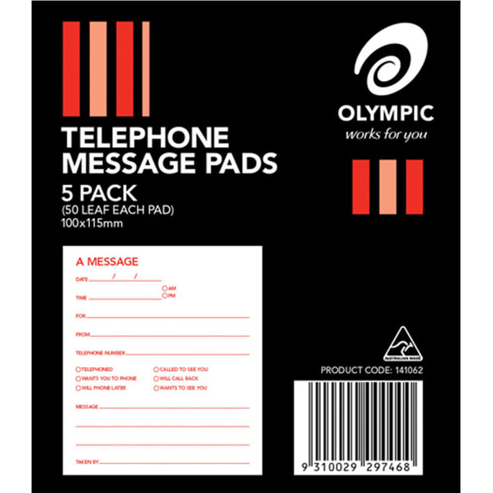 Olympic Telephone Message Pads 50 Leaves 5pk (100x115mm) - $21.50