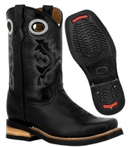 Kids Unisex Genuine Leather Western Wear Boots Black Casual Rodeo Square... - $54.99