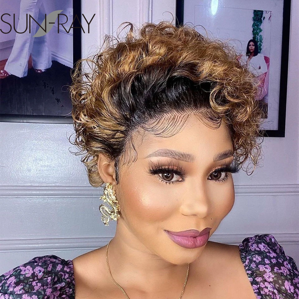 Short pixie cut lace wig ombre blonde curly human hair wigs 13x1 water wave remy hair thumb200