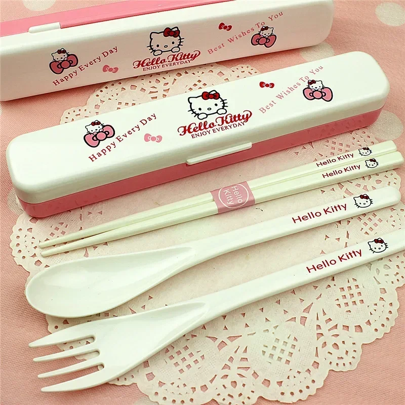 Metal Chopsticks Kitty Tableware Tableware Sanrio Cartoon Set Kawaii Fork - £14.04 GBP