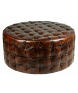 36&quot; Round Ottoman Top Grain Tufted Buttery Leather Vintage Brown Stunnin... - £1,276.62 GBP