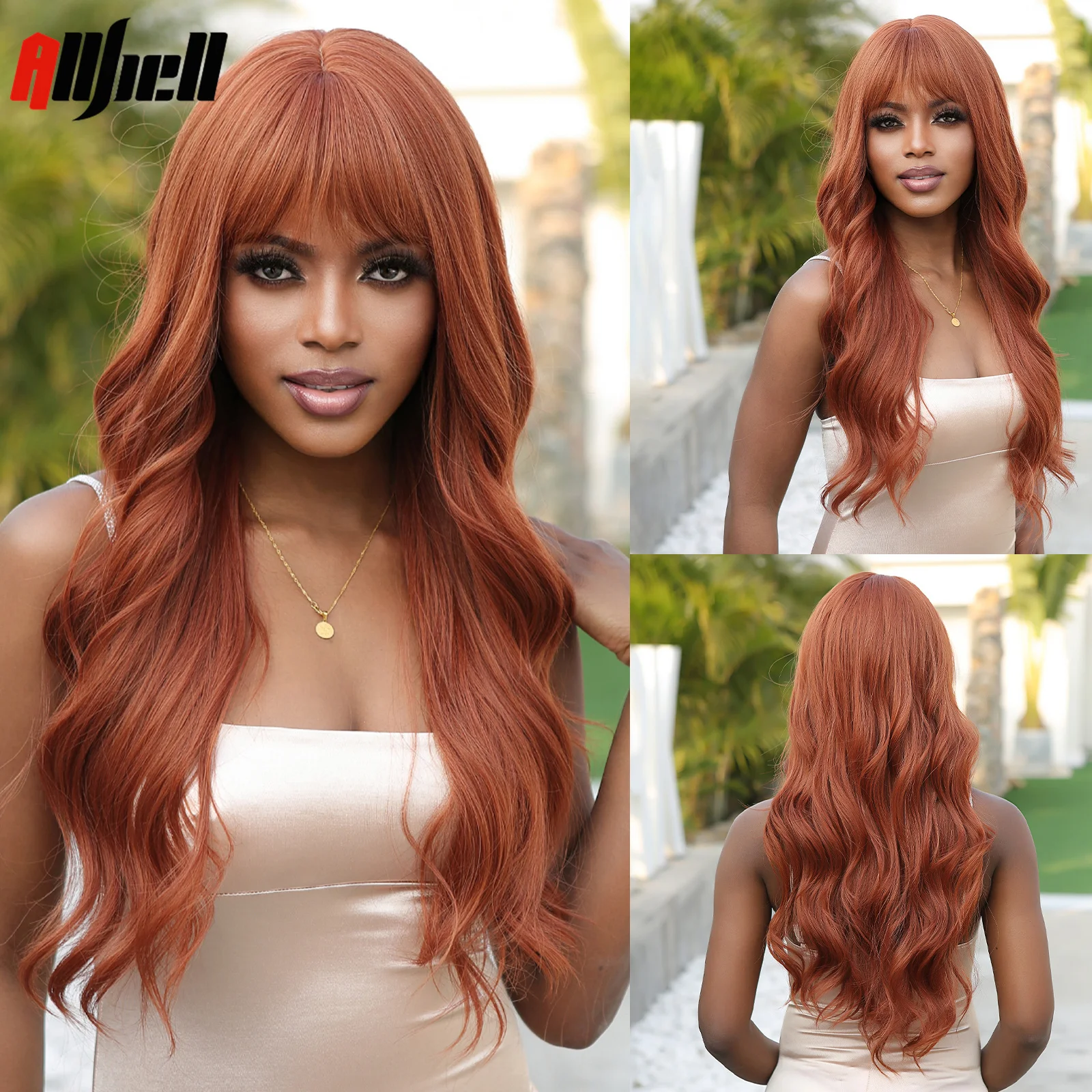 Auburn Long Wavy Synthetic Wigs Dark Ginger Natural Wig with Bangs for Women - £18.84 GBP+