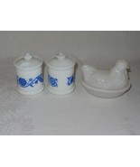 2 Milk Glass White Blue Mustard Condiment Jars lid &amp; 1 Vintage Hen Nest ... - £17.11 GBP