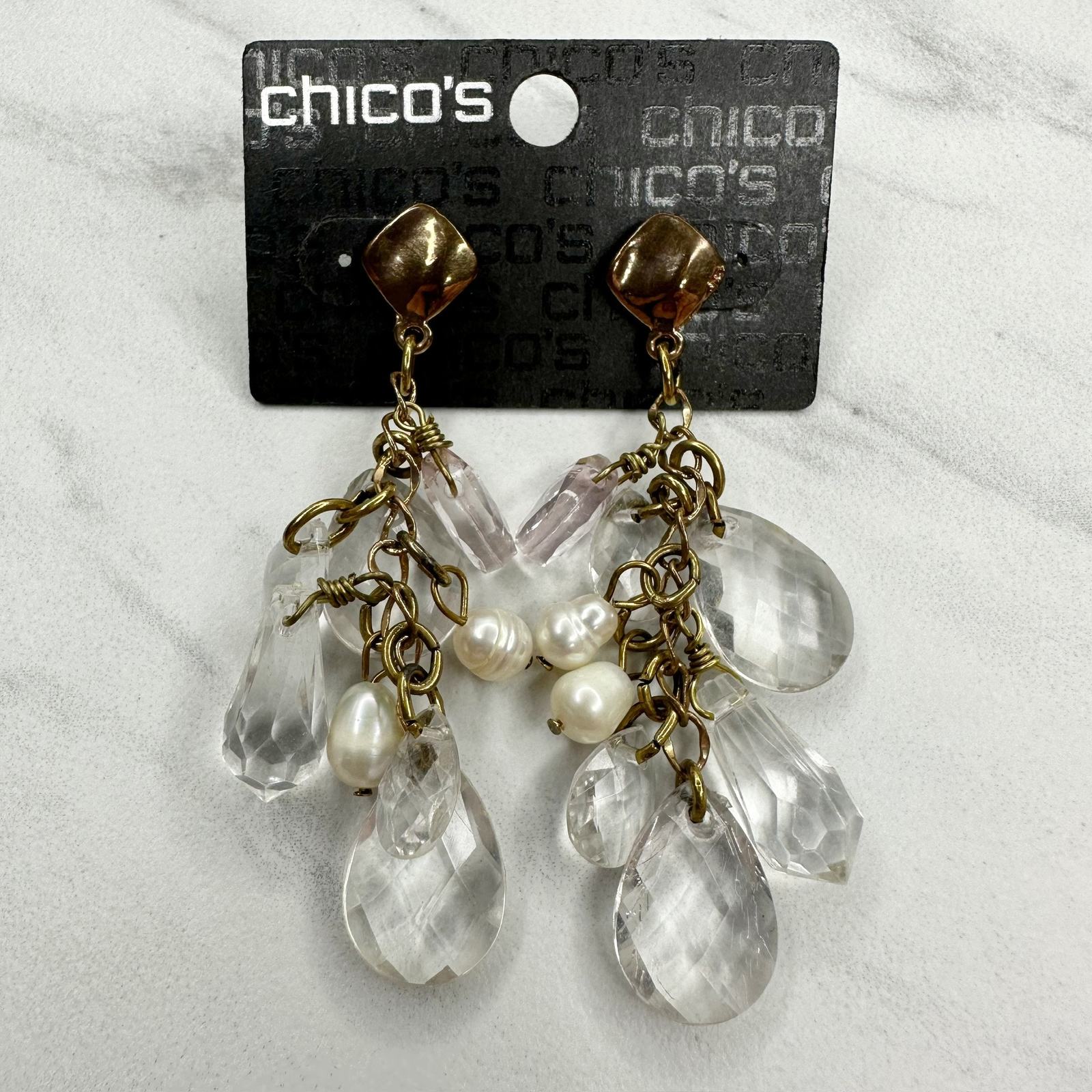 Chico's Zamora Beaded Dangle Post Gold Tone Earrings Pierced Pair - £7.77 GBP
