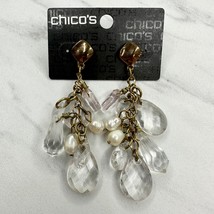 Chico&#39;s Zamora Beaded Dangle Post Gold Tone Earrings Pierced Pair - £7.77 GBP