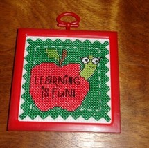 New Red Apple Green Worm framed picture ornament Finished Cross Stitch handmade - £14.95 GBP