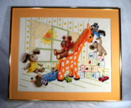 Sunset Nursery Crewel Large 1980 Finished Framed Animals Blocks Sun 18&quot; ... - $24.70