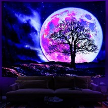 Blacklight Moon Tapestry Uv Reactive Galaxy Space Tapestry Trippy Mountain Tree  - £22.13 GBP