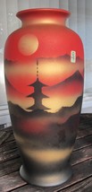 Vintage Japanese Airbrush Landscape Pagoda Mountains Glass Vase with Label  - £115.52 GBP