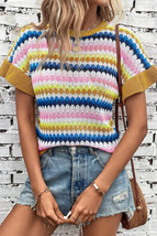 Khaki Trimmed Ruffle Sleeve Colorful Textured Sweater - $261.52 MXN