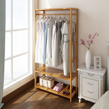 Bamboo Coat Rack Stand Wheel Shelves Garment Clothes Hanging Living Room... - $107.99