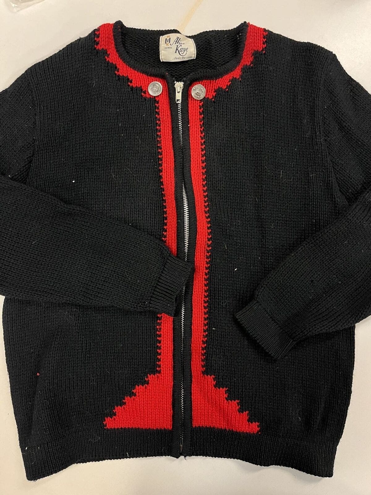 Primary image for Vintage Alice Kaye Red & Black Women's Zip Up Knit Holiday Christmas Sweater,...