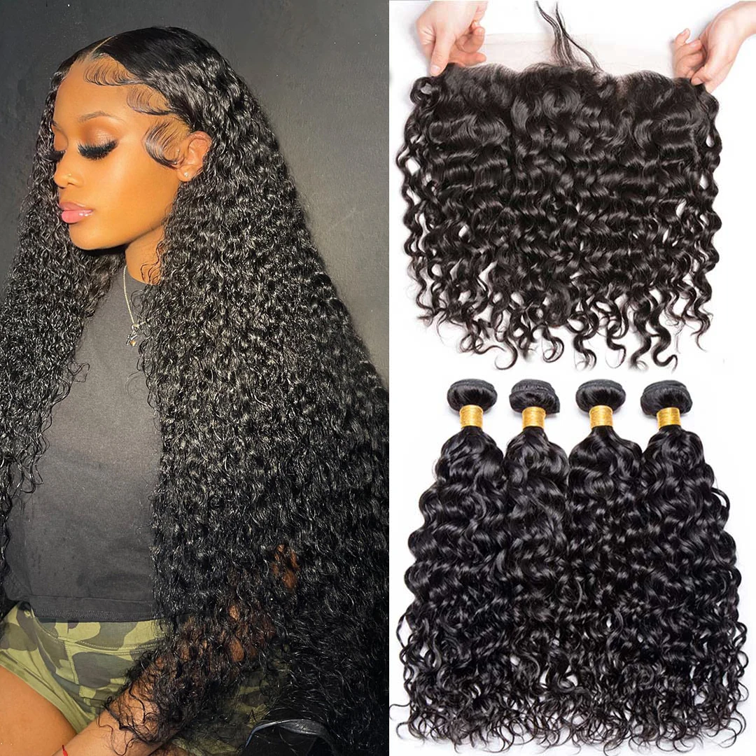 10A Peruvian Hair Bundles With Frontal Water Wave Bundles With Frontal Closure - £65.43 GBP+