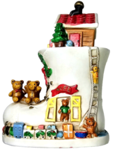 Vintage Ceramic Christmas Boot Featuring Teddy Bears With Wind Up Music Rare 7in - £27.96 GBP
