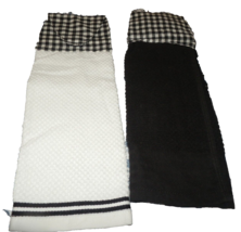 NEW SET 2 Black &amp; White Gingham Check Kitchen TOWELS Attach To Handles C... - £11.46 GBP