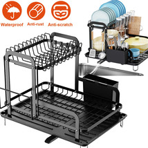 2-Tier Carbon Steel Drying Dish Rack &amp; Drainboard Utensil Holder Kitchen Counter - £44.63 GBP
