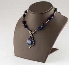 Sterling Silver Lapis Lazuli Pendant Necklace with Geometric Lapis Beads 16&quot; - £284.23 GBP