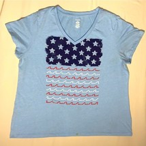 American Flag Shirt Women’s XXL Blue Patriotic T-Shirt Top Tee Stars 4th of July - £6.22 GBP