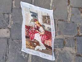 Embroidery in progress young girls vintage cross stitch tapestry, handmade  - $35.00