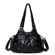 New Women Rivet Button Shoulder Bag Vintage Washed Leather Handbag Ladies Solid  - £26.17 GBP