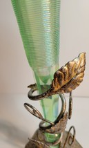 Single Horn Green Opalescent Vase Ribbed in a Metal Holder with  Leaves image 3