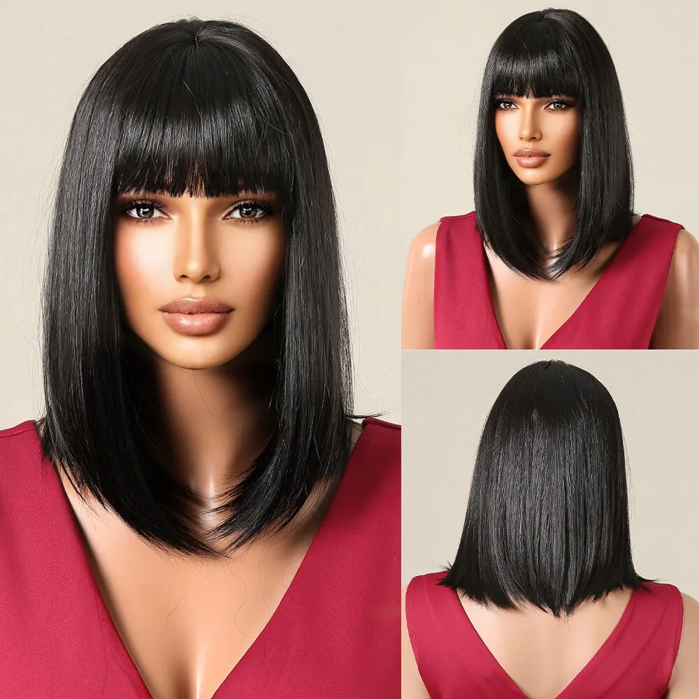 Natural Black Wig Short Straight Bob Synthetic Wig with Fluffy Bangs for Wom - £10.65 GBP+