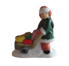 Christmas Village Figurine Boy Pushing Sled Wagon w/ Gifts Present ~1.7&quot; Ceramic - £6.89 GBP