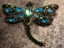 Handmade ~ Dragonfly Pin/Brooch ~ Multicolored Gemstones ~ Goldtone Jewelry - £17.65 GBP