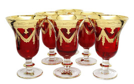 High Class Elegance Vintage Style 24k Gold Accent Red Crystal Wine Glass... - £235.12 GBP