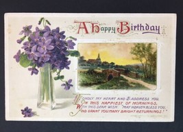 Antique &quot;A Happy Birthday&quot; Greeting Card Posted 1915 Violets Flowers Landscape - £7.21 GBP