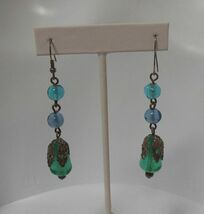 Vintage Blue Teal Glass Ball Dangle Hook Earrings - $13.85