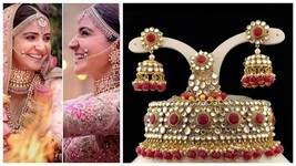 Bollywood Style Gold Plated Kundan Choker Necklace Earrings Tikka Jewelry Set - £29.61 GBP